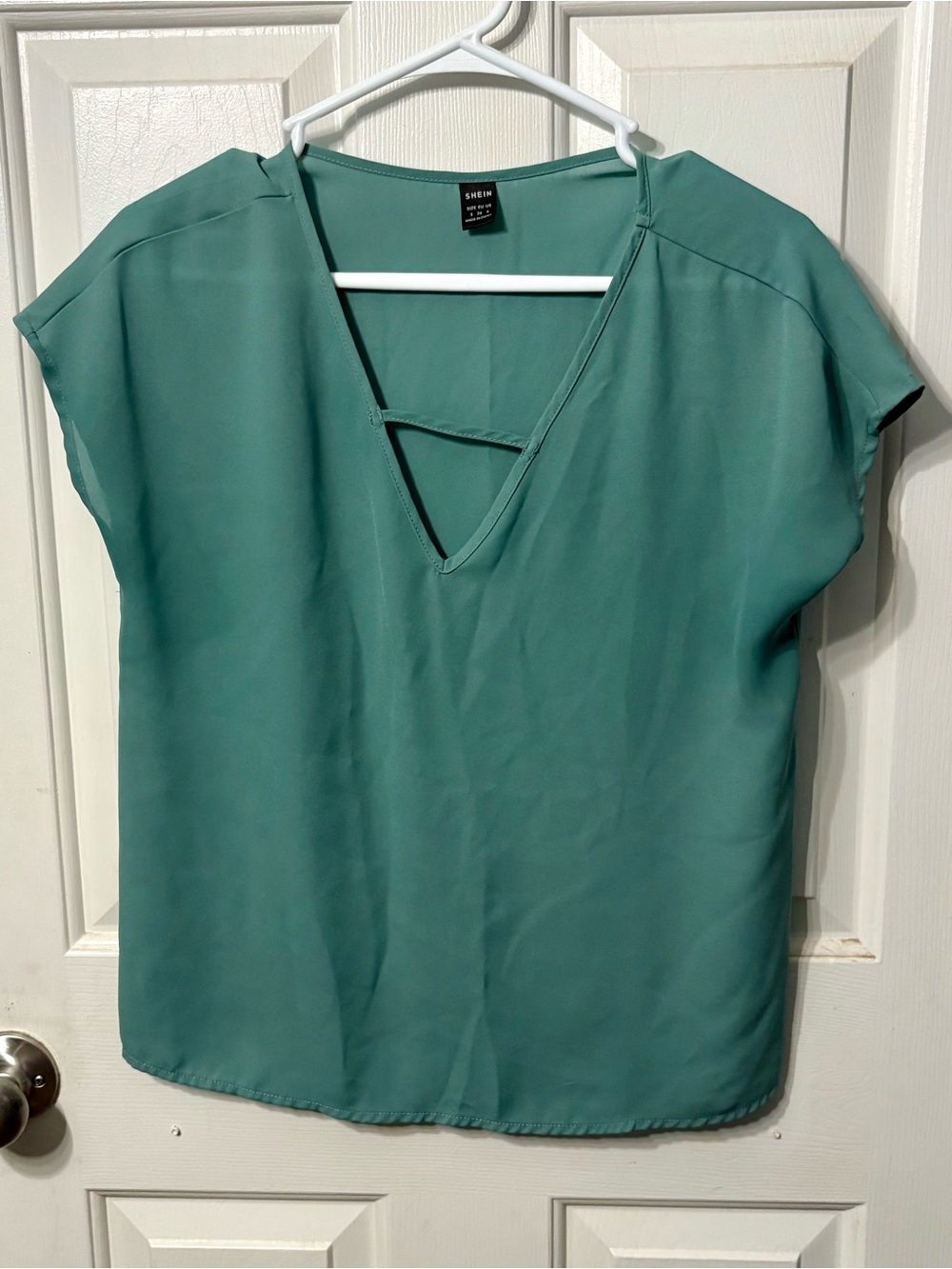 SHEIN Teal V-Neck Short Sleeve Blouse with Front Strap